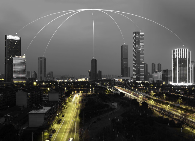 City skyline with glowing network connections, symbolizing link-building