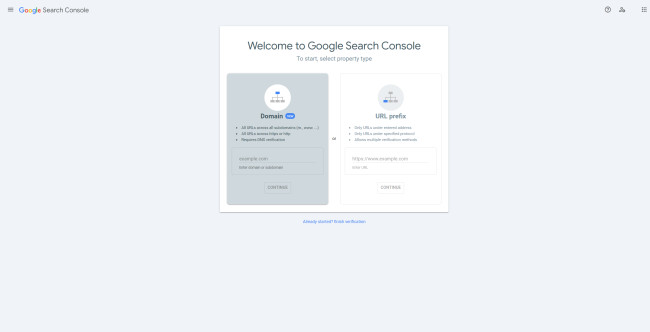 Google Search Console setup screen for tracking website SEO performance