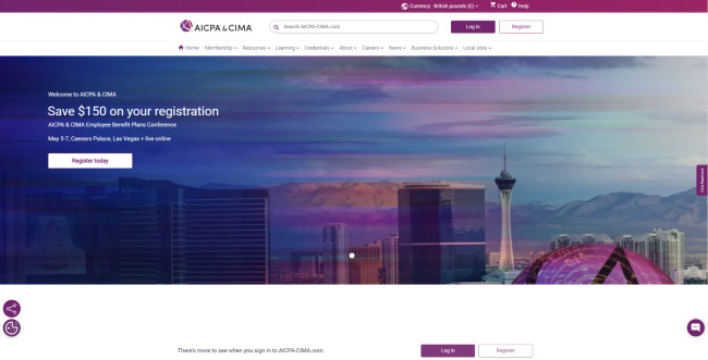 AICPA & CIMA website homepage, representing accounting directories and professional listings