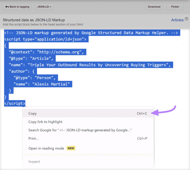 Schema markup example for structured data implementation in SEO